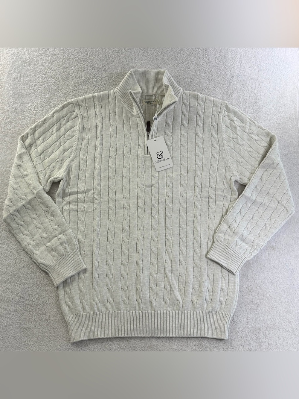 Collars & Co Kensington Cable Knit Quarter Zip Sweater Grey Men’s L Cotton NWT